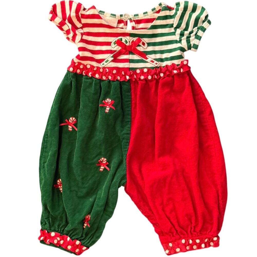 Christmas Embroidered Candy Canes One Piece Bonnie Baby Outfit Size 3-6 Months
